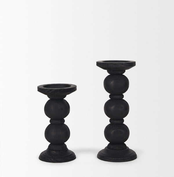 Wanda Matte Black Wood Pillar Candle Holders (Set of 2)