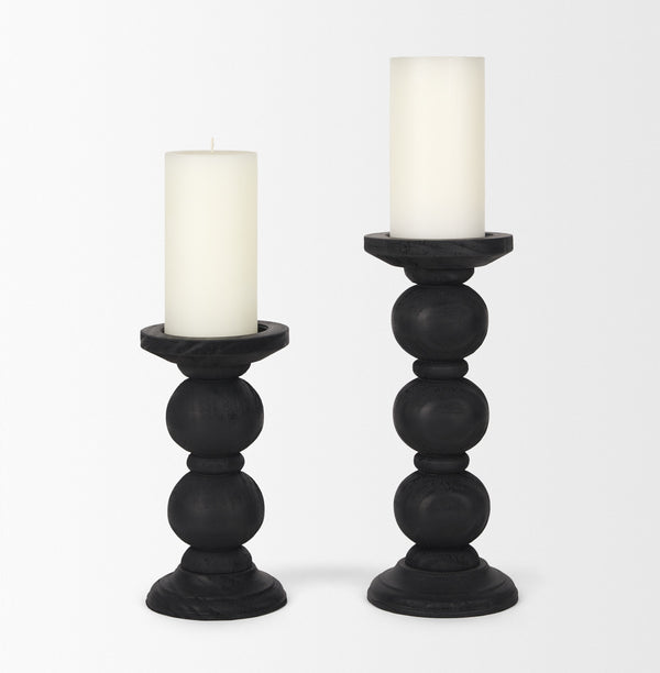 Wanda Matte Black Wood Pillar Candle Holders (Set of 2)