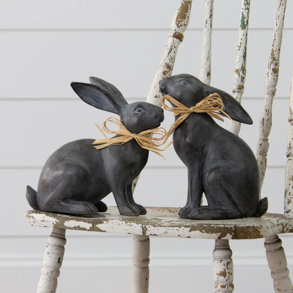 Rabbits With Raffia Bows - Set Of Two