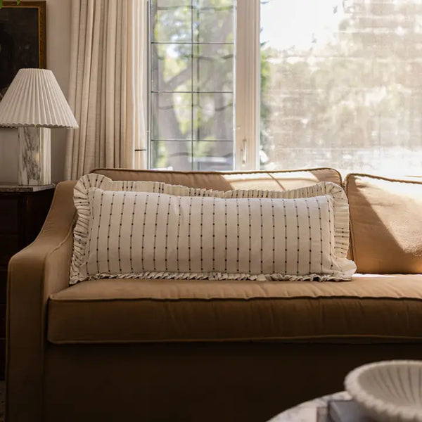 Ruffle Bolster Pillow - White Olive Green Embroidery