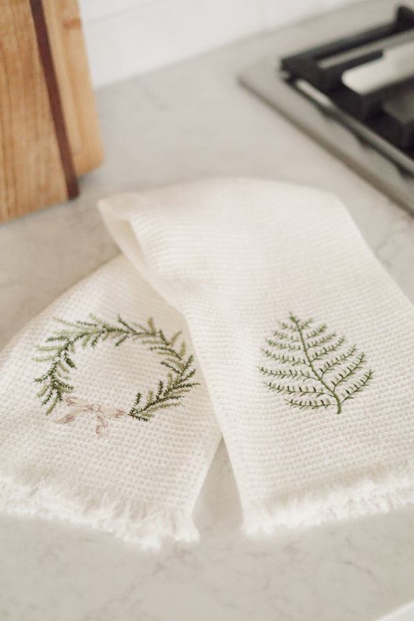 Embroidered Wreath & Leaf Waffle Hand Towels