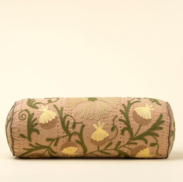 Suzani Embroidered Kantha Bolster - Beige