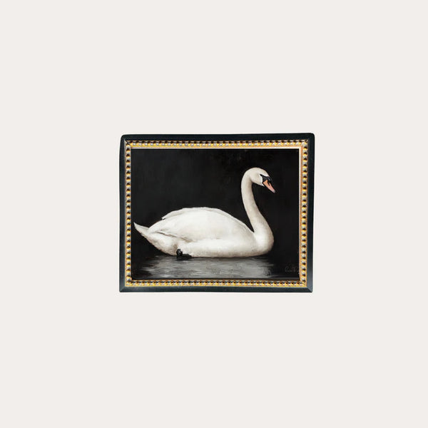 Moody Swan | Gold Beaded Black French Framed Art - 18" x 22"