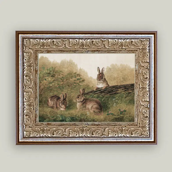 Rabbits On A Log Framed Antique Art