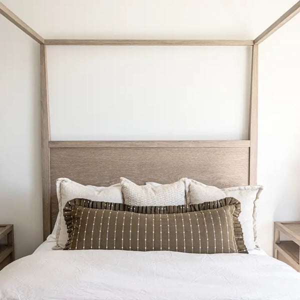 Ruffle Bolster Pillow - Dark Olive Green Embroidery