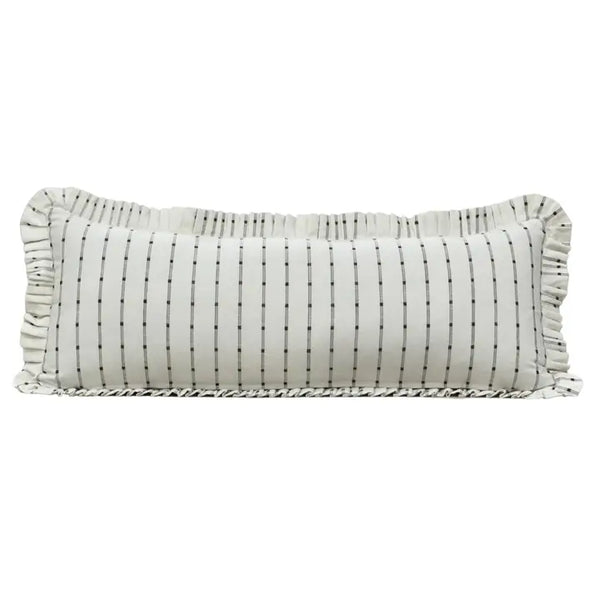 Ruffle Bolster Pillow - White Olive Green Embroidery