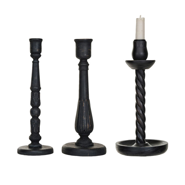 Carved Wood Taper Holders - Set of 3