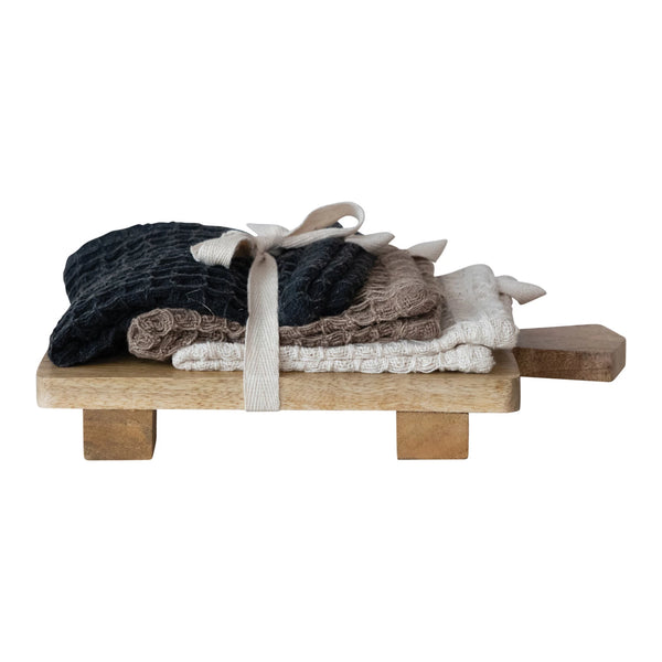 Wooden Footed Serving Board & Waffle Weave Dishcloths Set