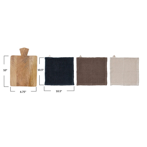Wooden Footed Serving Board & Waffle Weave Dishcloths Set