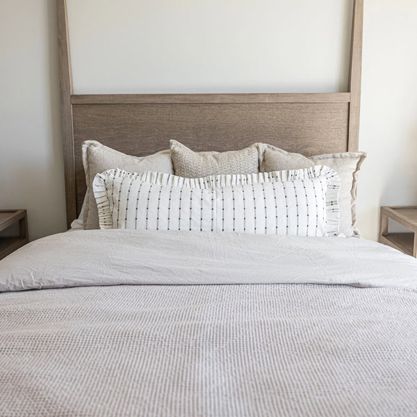 Ruffle Bolster Pillow - White Olive Green Embroidery