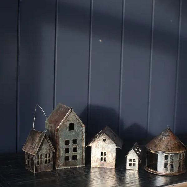 Decorative Tin Holiday Houses - Set Of Five