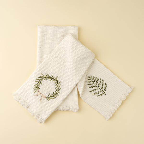 Embroidered Wreath & Leaf Waffle Hand Towels