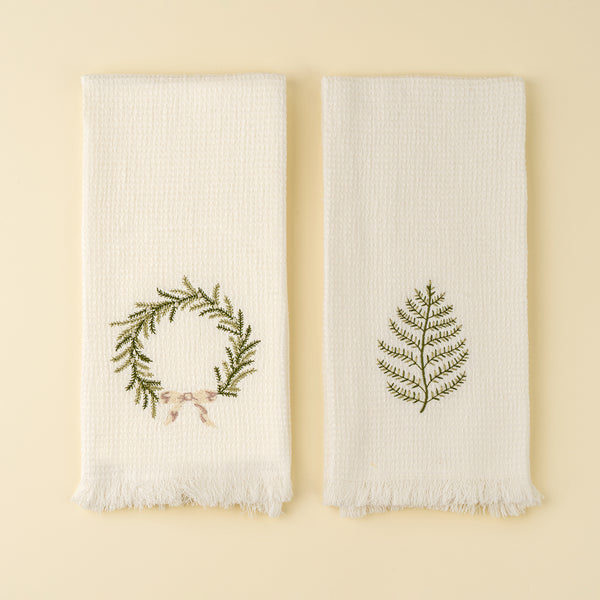 Embroidered Wreath & Leaf Waffle Hand Towels