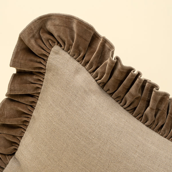 Velvet Ruffle Linen Pillow - Chocolate