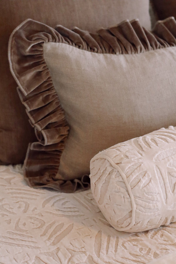 Velvet Ruffle Linen Pillow - Chocolate