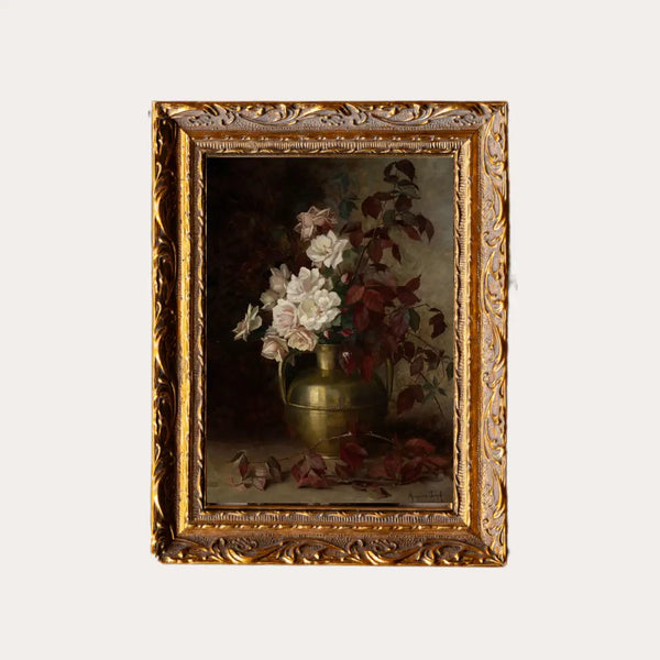 Antique Floral Vase | French Brass Gold Mould Framed Art - 5 x 7