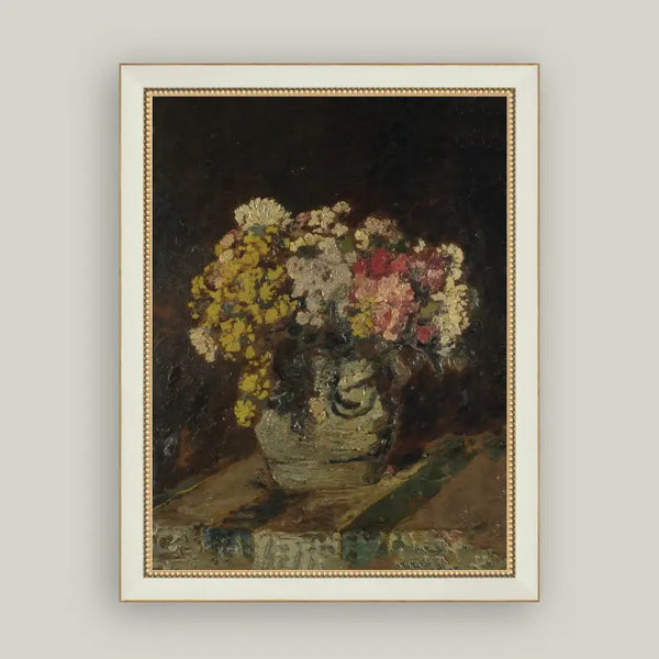 Vase of Pink & Yellow Flowers Framed Antique Art