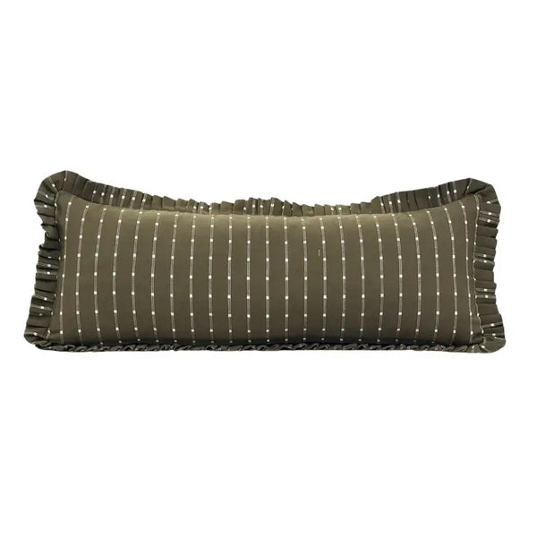 Ruffle Bolster Pillow - Dark Olive Green Embroidery