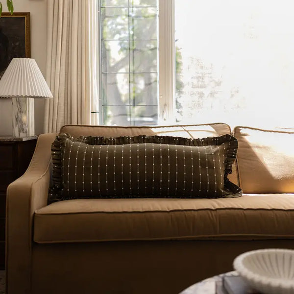 Ruffle Bolster Pillow - Dark Olive Green Embroidery