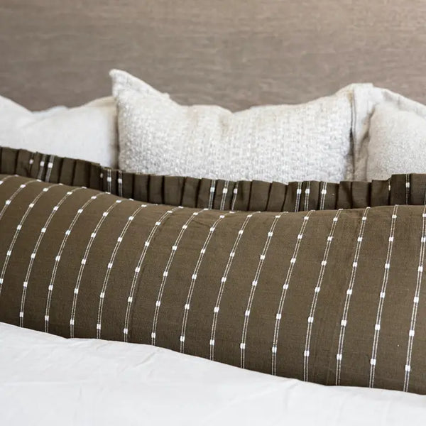 Ruffle Bolster Pillow - Dark Olive Green Embroidery